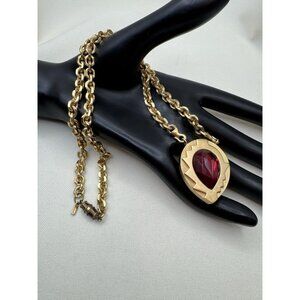Vintage Monet Art Deco Choker Necklace Gold Red Rhinestone Teadrop 20” Runway